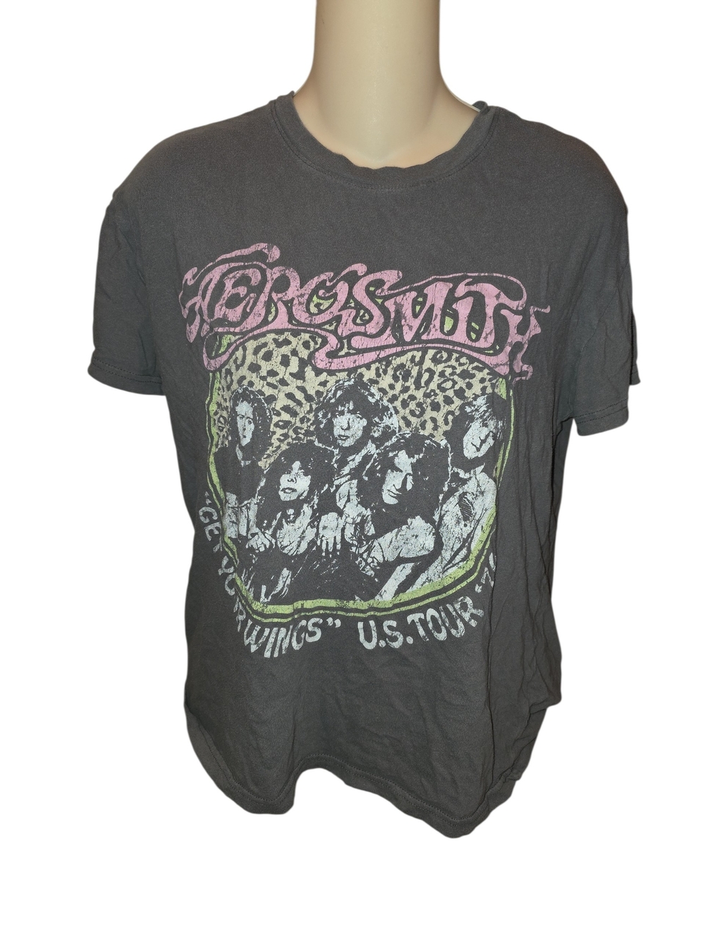 Aerosmith Graphic Crewneck Tee - Gray with Pink & Green Print Womens Medium